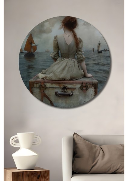 Deniz Kenarında Bekleyen Kadın Yağlı Boya Görünümlü Ahşap Dekoratif Tablo Yuvarlak Tablo