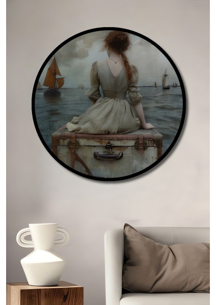 Deniz Kenarında Bekleyen Kadın Yağlı Boya Görünümlü Ahşap Dekoratif Tablo Yuvarlak Tablo fiyatları