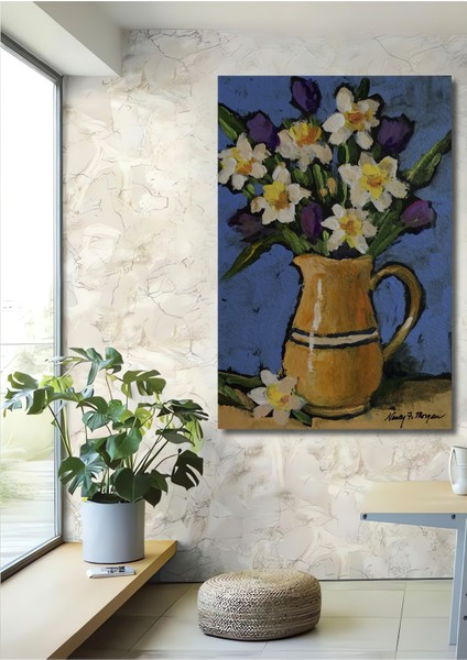Nergis ve Lale Buketi Yağlı Boya Görünümlü Dekoratif Ahşap Tablo Dikdörtgen Tablo