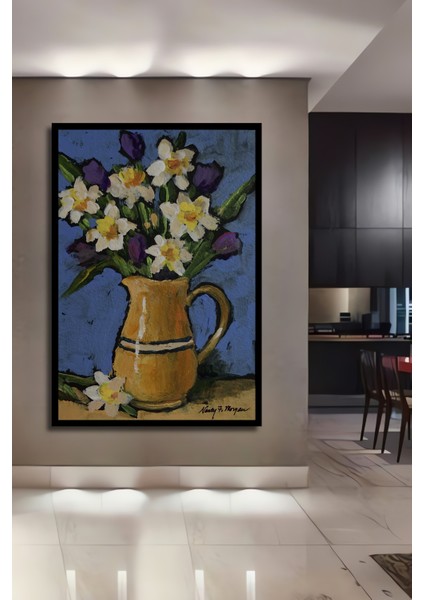 Nergis ve Lale Buketi Yağlı Boya Görünümlü Dekoratif Ahşap Tablo Dikdörtgen Tablo fiyatları