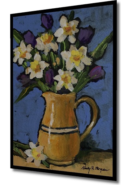 Nergis ve Lale Buketi Yağlı Boya Görünümlü Dekoratif Ahşap Tablo Dikdörtgen Tablo indirimleri