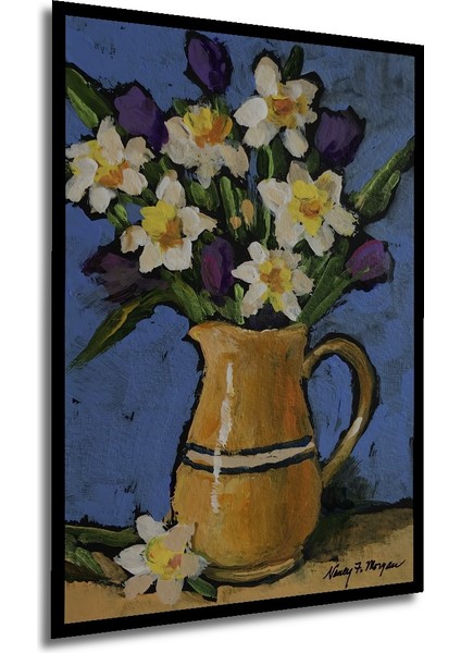 Nergis ve Lale Buketi Yağlı Boya Görünümlü Dekoratif Ahşap Tablo Dikdörtgen Tablo