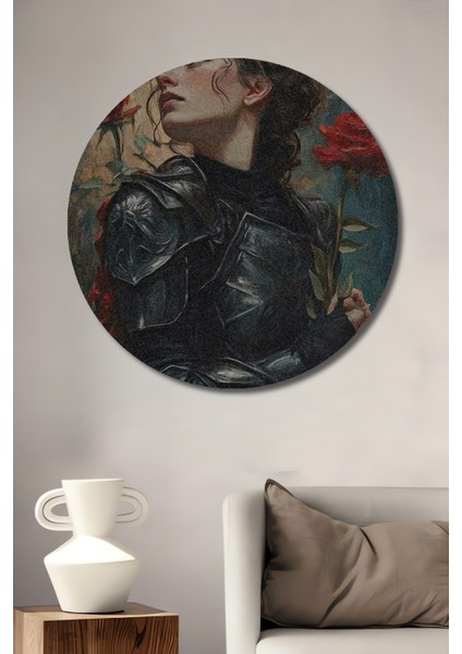 Gül Kokulu Savaşçı Kadın Yağlı Boya Görünümlü Ahşap Dekoratif Tablo Yuvarlak Tablo