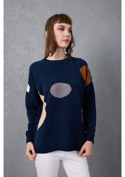 Kadın Koyu Laci Şönil Kadife Renk Bloklu Bisiklet Yaka Triko Kazak