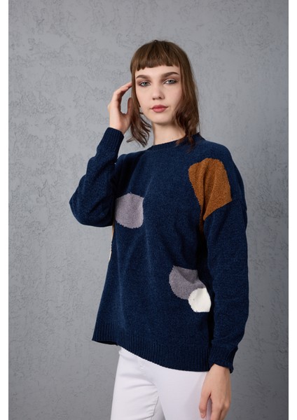 Kadın Koyu Laci Şönil Kadife Renk Bloklu Bisiklet Yaka Triko Kazak fiyatları