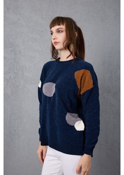 Kadın Koyu Laci Şönil Kadife Renk Bloklu Bisiklet Yaka Triko Kazak modelleri