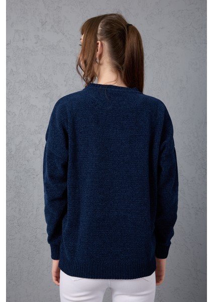 Kadın Koyu Laci Şönil Kadife Renk Bloklu Bisiklet Yaka Triko Kazak fırsatları