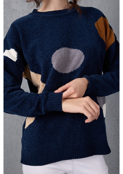 Kadın Koyu Laci Şönil Kadife Renk Bloklu Bisiklet Yaka Triko Kazak indirimleri