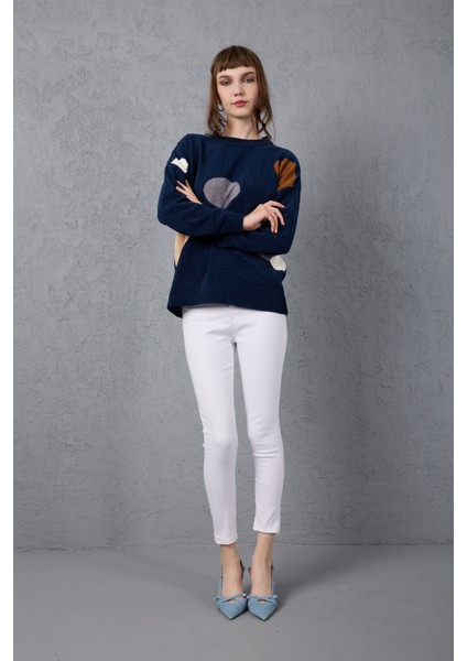 Kadın Koyu Laci Şönil Kadife Renk Bloklu Bisiklet Yaka Triko Kazak