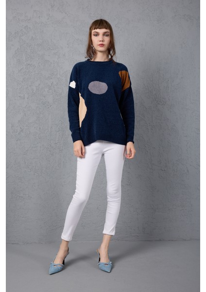 Kadın Koyu Laci Şönil Kadife Renk Bloklu Bisiklet Yaka Triko Kazak