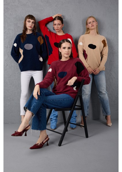 Kadın Koyu Laci Şönil Kadife Renk Bloklu Bisiklet Yaka Triko Kazak