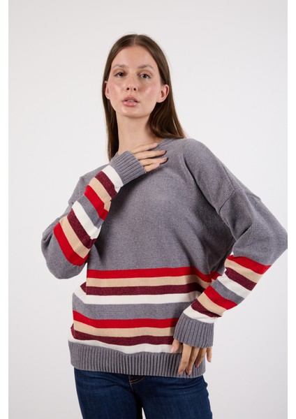 Kadın Gri Çizgili Bisiklet Yaka Şönil Kadife Triko Kazak
