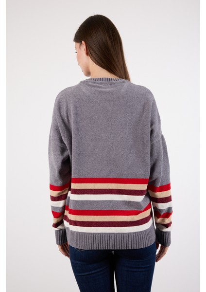 Kadın Gri Çizgili Bisiklet Yaka Şönil Kadife Triko Kazak indirimleri