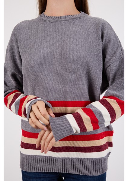 Kadın Gri Çizgili Bisiklet Yaka Şönil Kadife Triko Kazak
