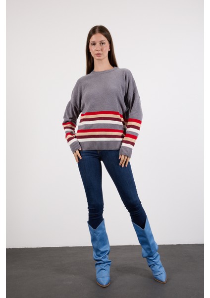 Kadın Gri Çizgili Bisiklet Yaka Şönil Kadife Triko Kazak