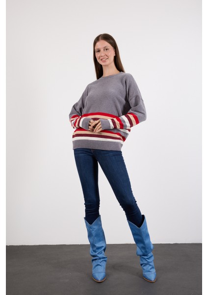 Kadın Gri Çizgili Bisiklet Yaka Şönil Kadife Triko Kazak
