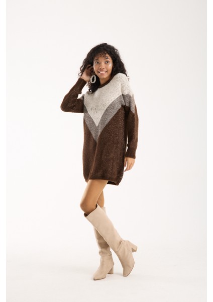 Kadın Acı Kahve Simli Sakal Iplik Renk Bloklu Bisiklet Yaka Triko Kazak