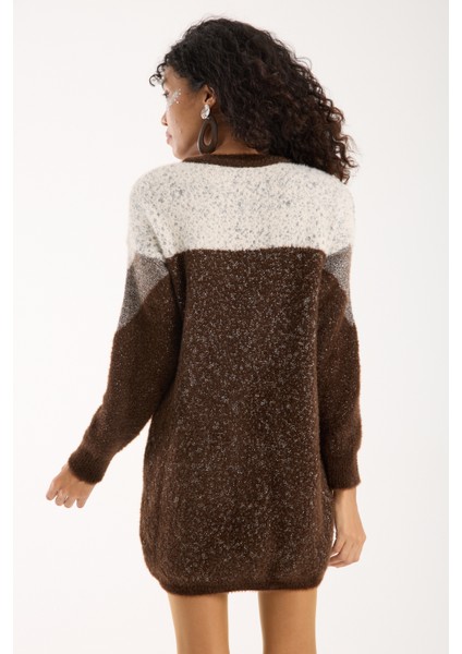 Kadın Acı Kahve Simli Sakal Iplik Renk Bloklu Bisiklet Yaka Triko Kazak fiyatları