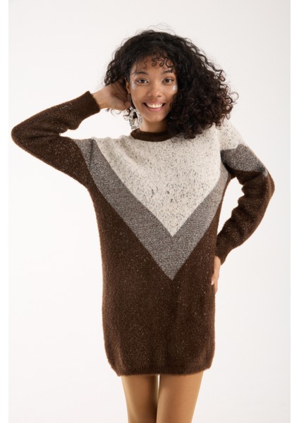 Kadın Acı Kahve Simli Sakal Iplik Renk Bloklu Bisiklet Yaka Triko Kazak modelleri