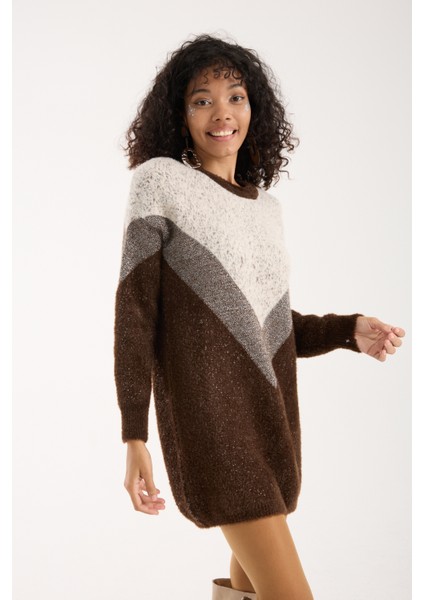 Kadın Acı Kahve Simli Sakal Iplik Renk Bloklu Bisiklet Yaka Triko Kazak fırsatları