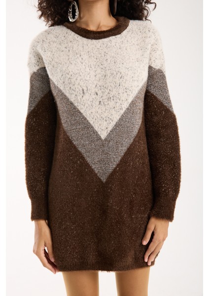 Kadın Acı Kahve Simli Sakal Iplik Renk Bloklu Bisiklet Yaka Triko Kazak indirimleri