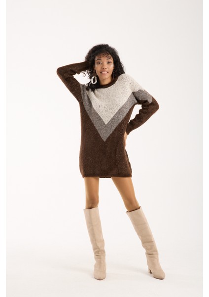 Kadın Acı Kahve Simli Sakal Iplik Renk Bloklu Bisiklet Yaka Triko Kazak