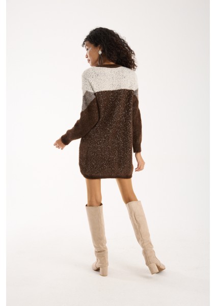 Kadın Acı Kahve Simli Sakal Iplik Renk Bloklu Bisiklet Yaka Triko Kazak