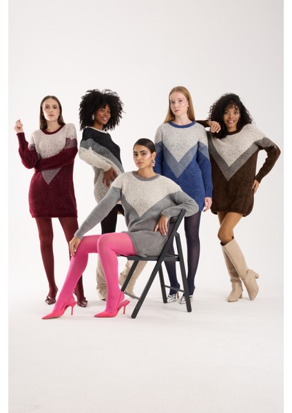 Kadın Acı Kahve Simli Sakal Iplik Renk Bloklu Bisiklet Yaka Triko Kazak