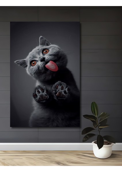 Tekir Kedi Sevimli Sulu Boya Görünümlü Dekoratif Ahşap Tablo Dikdörtgen Tablo