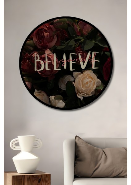Ahşap Tablo Kırmızı Gül Bahçesi Believe Yazılı Yağlı Boya Görünümlü Sanat Eseri Yuvarlak Tablo fiyatları