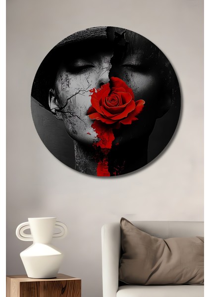 Gızemlı Kadın ve Kırmızı Gül Yağlı Boya Görünümlü Ahşap Dekoratif Tablo Yuvarlak Tablo