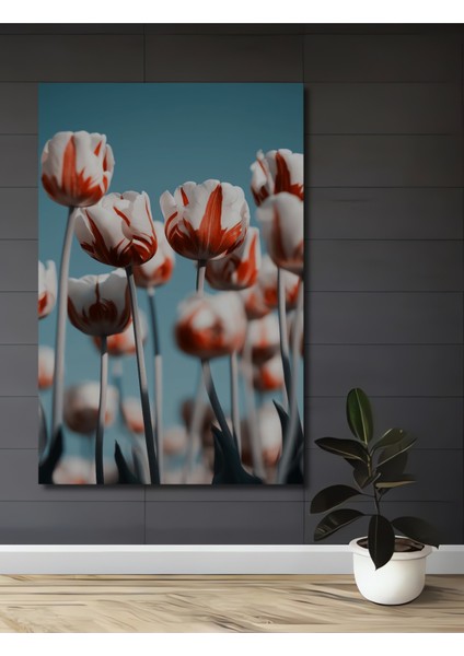 Ahşap Dekoratif Tablo Kırmızı Beyaz Laleler Yağlı Boya Görünümlü Sanat Eseri Dikdörtgen Tablo
