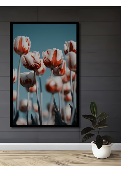 Ahşap Dekoratif Tablo Kırmızı Beyaz Laleler Yağlı Boya Görünümlü Sanat Eseri Dikdörtgen Tablo fiyatları