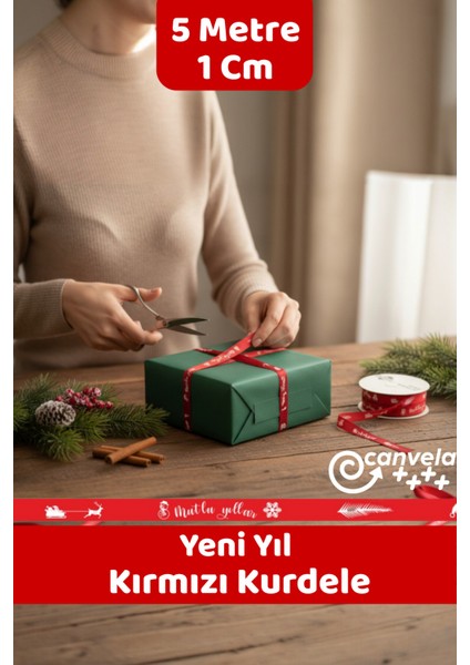 Yeni Yıl Temalı Hediye Paketleme Kurdelesi Yılbaşı Mutlu Yıllar Noel Baba Paket Süsleme Kurdelesi