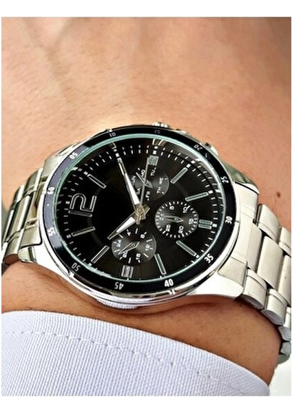 Gümüş Çelik Kordon Erkek Kol Saati Takvimli Siyah Kadran Özel Kutusunda fiyatları