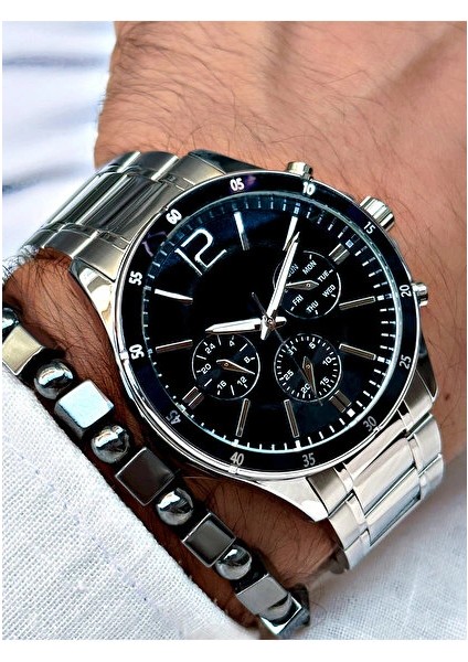 Gümüş Çelik Kordon Erkek Kol Saati Takvimli Siyah Kadran Özel Kutusunda modelleri