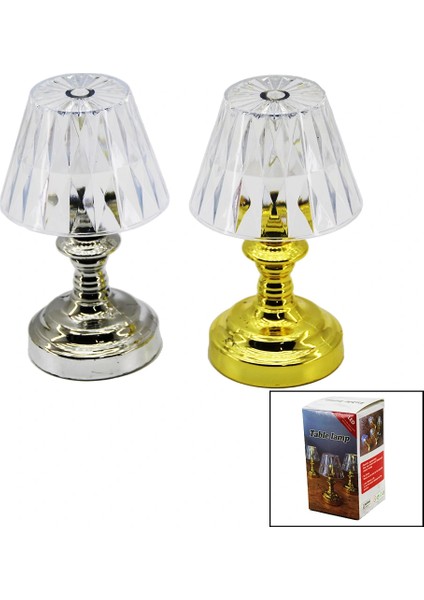Pilli Mini Klasik Model LED Abajur Mika Kristal Başlık - Gold - Krom Ayak (4887)