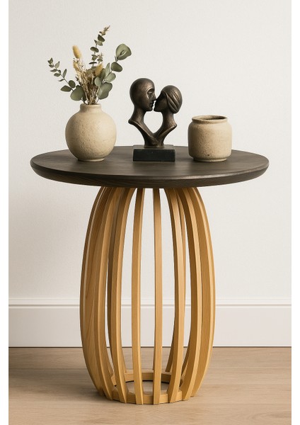 Palermo Yuvarlak Modern Klasik Rustik Retro Vintage Naturel Dekoratif Ahşap Çıtalı Yan Mantar Sehpa