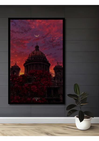 Gotik Gül ve Ay Desenli Yağlı Boya Görünümlü Ahşap Dekoratif Tablo Dikdörtgen Tablo fiyatları