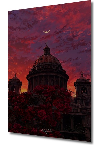 Gotik Gül ve Ay Desenli Yağlı Boya Görünümlü Ahşap Dekoratif Tablo Dikdörtgen Tablo modelleri