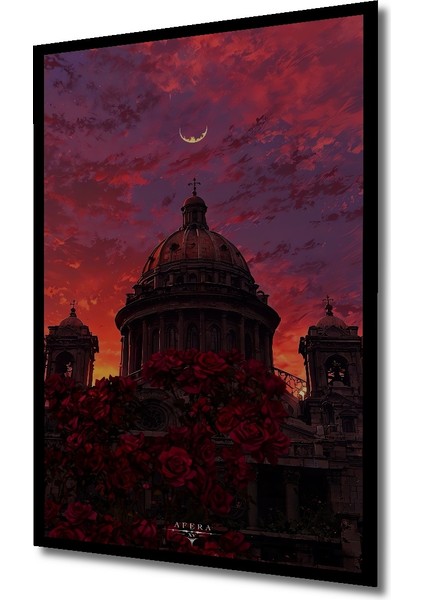 Gotik Gül ve Ay Desenli Yağlı Boya Görünümlü Ahşap Dekoratif Tablo Dikdörtgen Tablo indirimleri