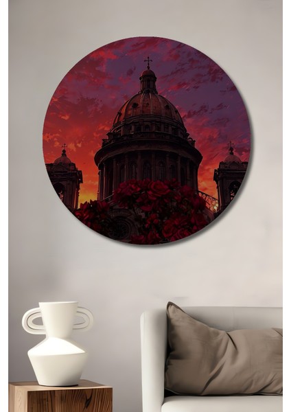 Gotik Gül ve Ay Desenli Yağlı Boya Görünümlü Ahşap Dekoratif Tablo Yuvarlak Tablo