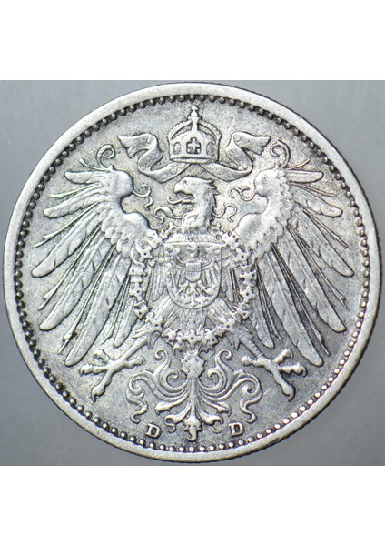 Almanya Gümüş 1 Mark 1908 D. Kayzer Iı. Wilhelm Dönemi. Çilaltı modelleri