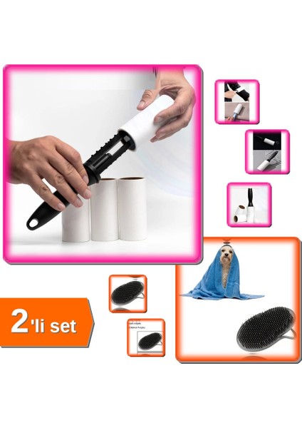 Kedi-Köpek Yıkama Fırçası + 4 Yedekli Tüy Toplama Rulosu - 2li Set GHI789
