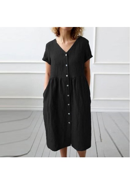 Keten Günlük Yazlık V yaka Kısa Kol Düğme Detaylı Kadın Elbise modelleri