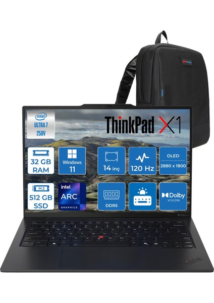 Thinkpad X1 5g Lte Carbon G13 Aura Edition Intel Core Ultra 7 258V 32GB Ddr5 512GB SSD Intel Arc 140V 14" 2.8k (2880X1800) OLED 500NITS 120hz W11P Premium Bilgisayar 21NS004MTXP09 + Zettaçanta