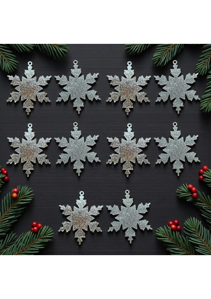 Gümüş Kar Tanesi Yılbaşı Süsü (10 Adet) - Lüks Yılbaşı Ağacı Süs Seti ve Yeni Yıl Dekoru