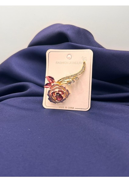 Zirkon Taşlı Metal Gül Broş Yaka Iğnesi