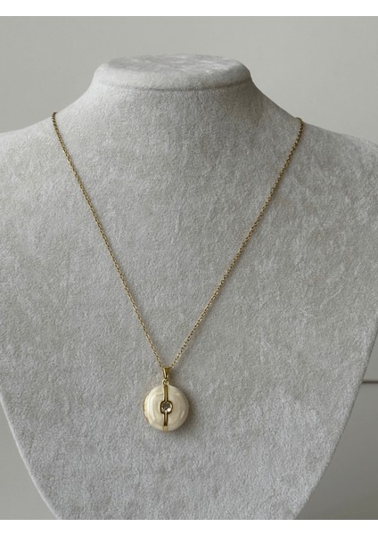 Açılır Kapanır Beyaz Sedef Yansımalı Taşlı Gold Kolye