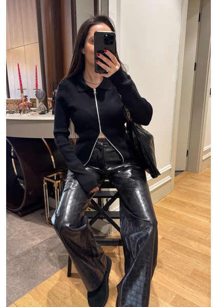 Polo Yaka Triko Fermuarlı Hırka- Siyah fiyatları